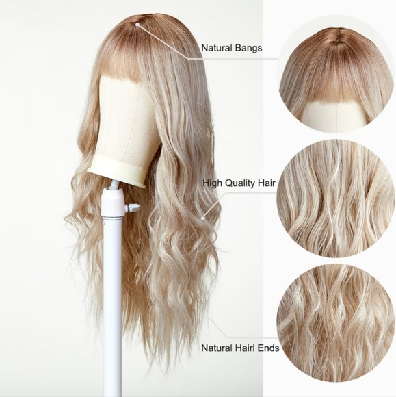 Long Wavy Ombre Brown to Blonde Wig with Fringe Natuaral Synthetic Hair 26 inche - Picture 3 of 5